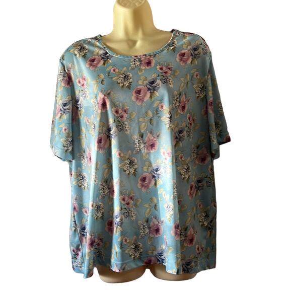 Blair 2XL Blue Floral Print Knit Top Vintage Short Sleeves - Picture 1 of 9